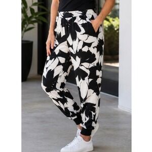 Women's Black White Floral Dress Jogger Pants Pull On Stretch Large Pockets
